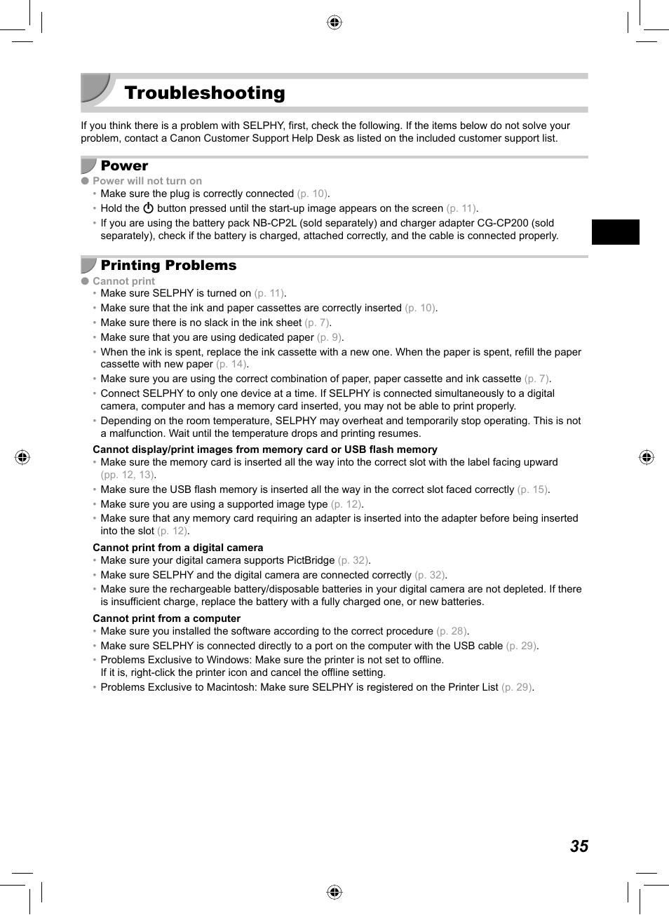 Troubleshooting, Power, Printing problems | Canon SELPHY CP810 User Manual | Page 35 / 360