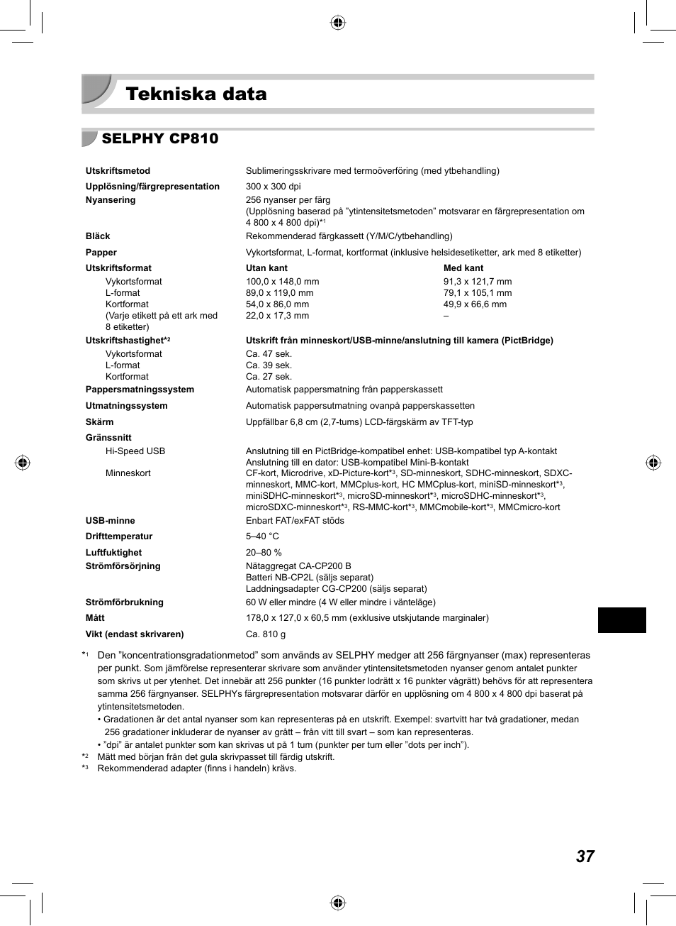 Tekniska data, Selphy cp810 | Canon SELPHY CP810 User Manual | Page 357 / 360