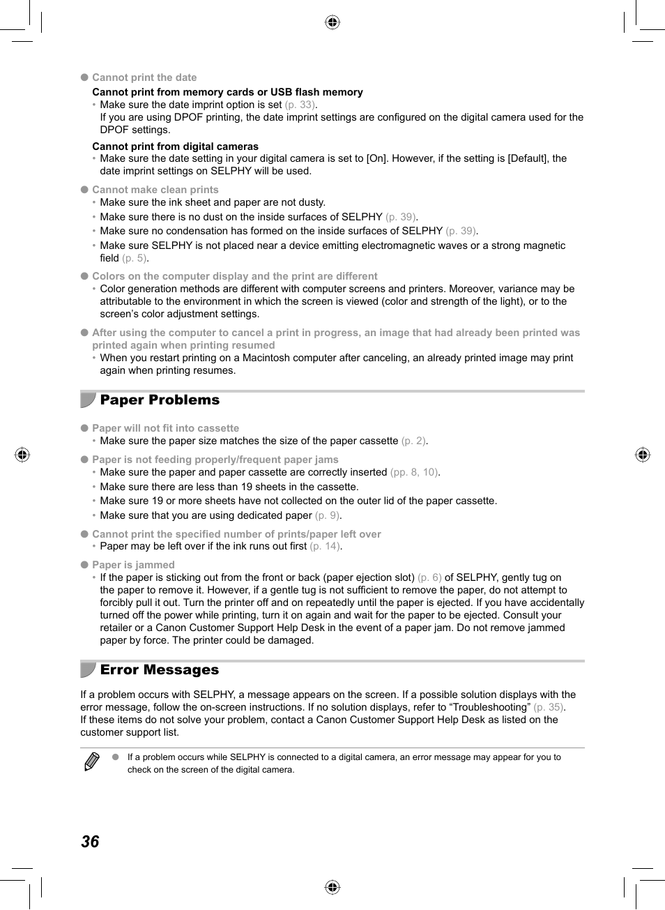Paper problems, Error messages | Canon SELPHY CP810 User Manual | Page 36 / 360