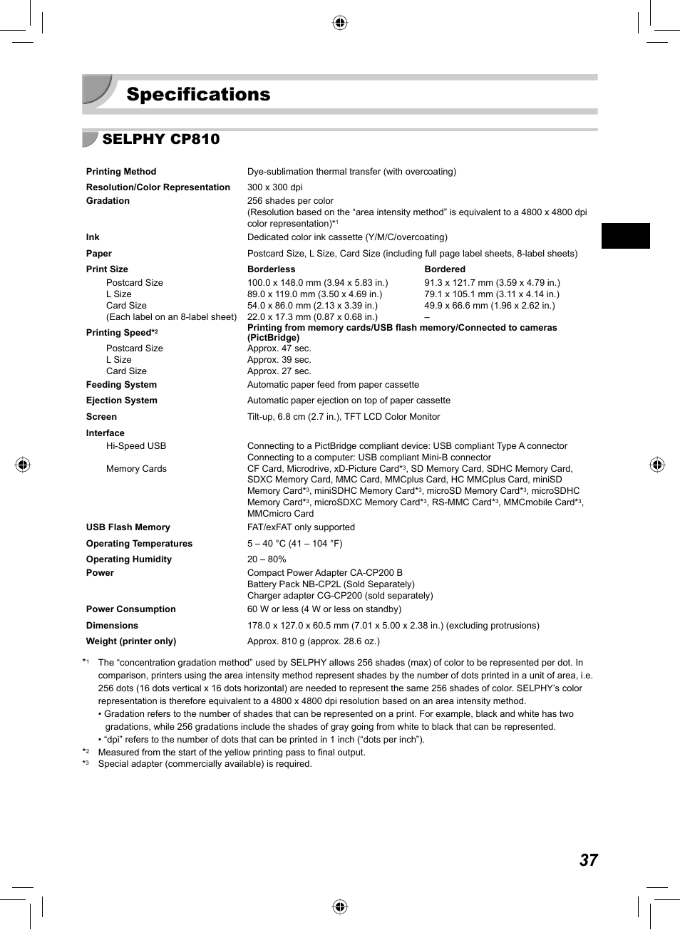 Specifications, Selphy cp810 | Canon SELPHY CP810 User Manual | Page 37 / 360