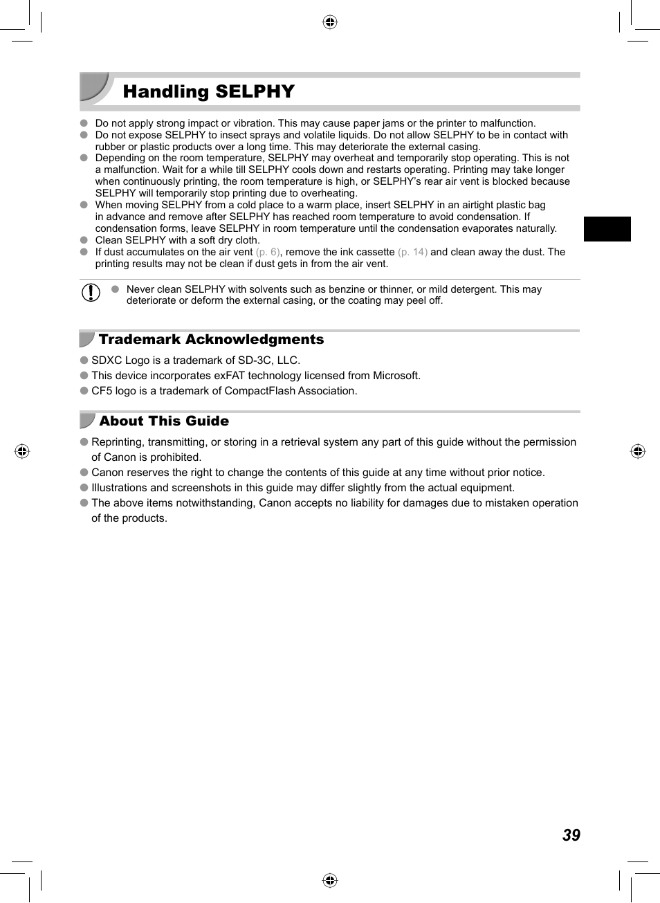 Handling selphy, Trademark acknowledgments about this guide | Canon SELPHY CP810 User Manual | Page 39 / 360