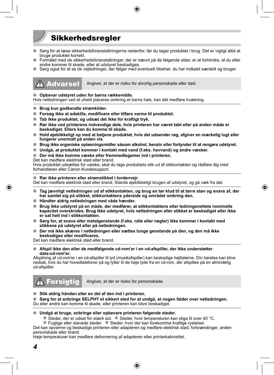 Sikkerhedsregler, Advarsel, Forsigtig | Canon SELPHY CP810 User Manual | Page 44 / 360