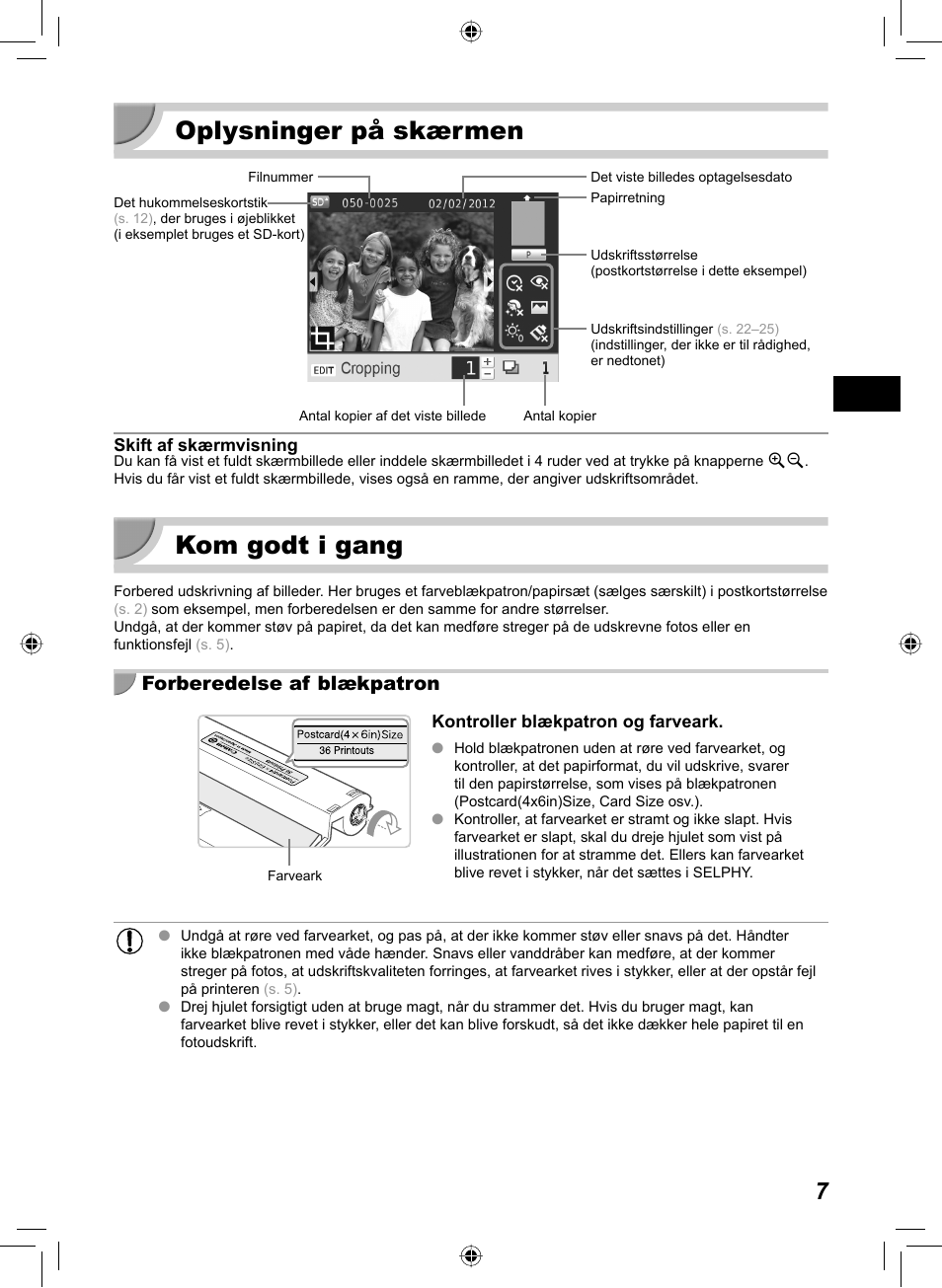 Oplysninger på skærmen, Kom godt i gang, Forberedelse af blækpatron | Canon SELPHY CP810 User Manual | Page 47 / 360