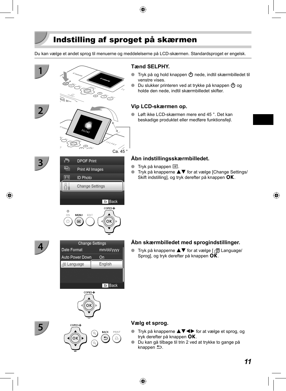 Indstilling af sproget på skærmen | Canon SELPHY CP810 User Manual | Page 51 / 360