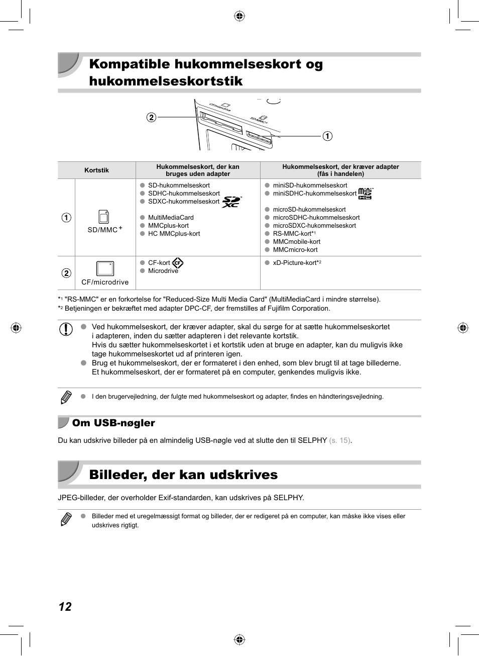 Kompatible hukommelseskort og hukommelseskortstik, Billeder, der kan udskrives, Om usb-nøgler | Canon SELPHY CP810 User Manual | Page 52 / 360