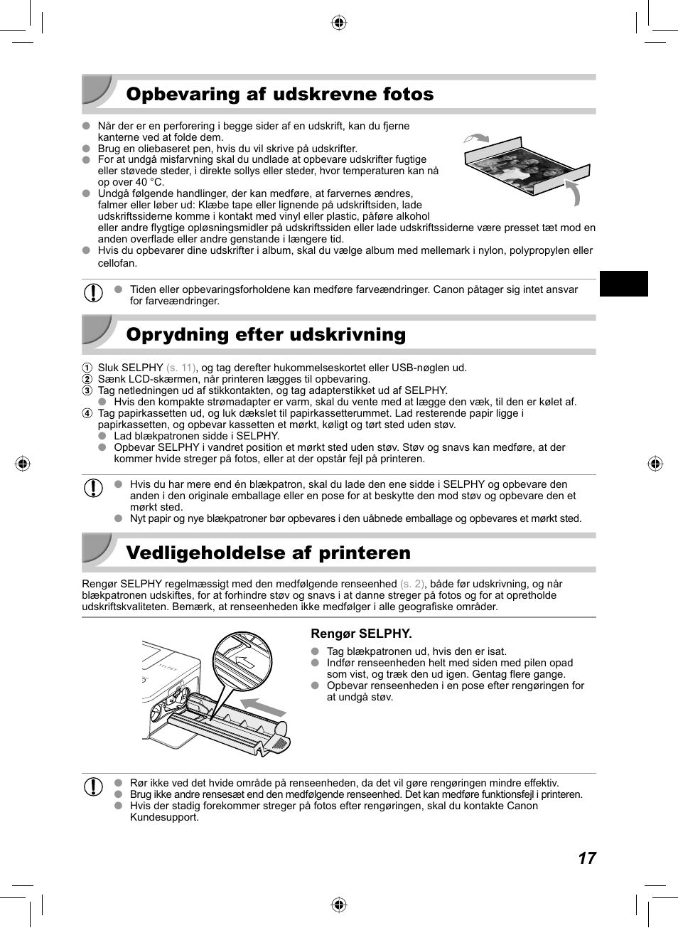 Opbevaring af udskrevne fotos, Oprydning efter udskrivning, Vedligeholdelse af printeren | Canon SELPHY CP810 User Manual | Page 57 / 360