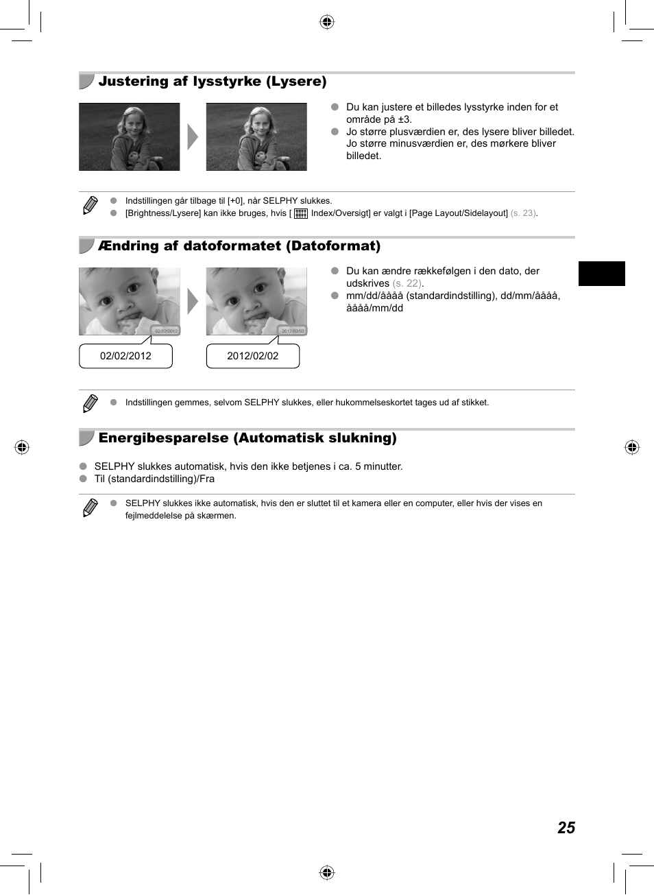Justering af lysstyrke (lysere), Ændring af datoformatet (datoformat), Energibesparelse (automatisk slukning) | Canon SELPHY CP810 User Manual | Page 65 / 360