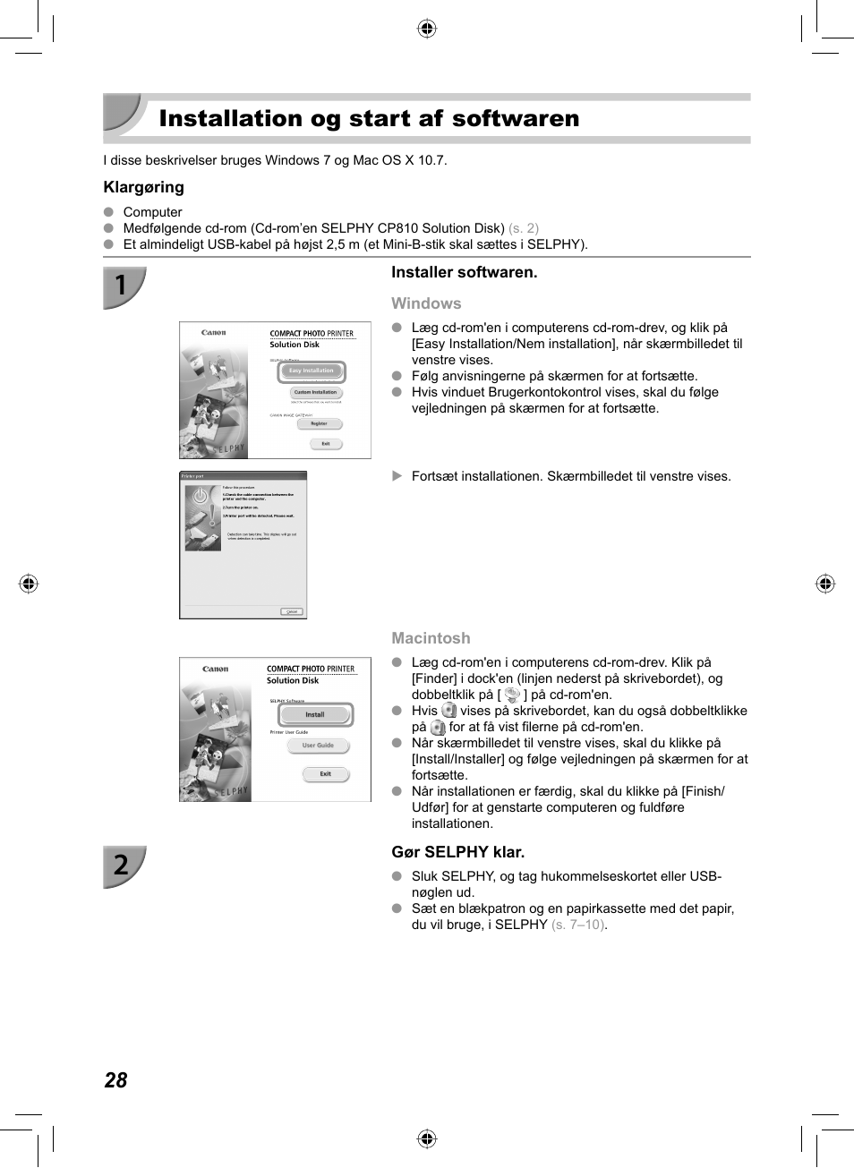 Installation og start af softwaren | Canon SELPHY CP810 User Manual | Page 68 / 360