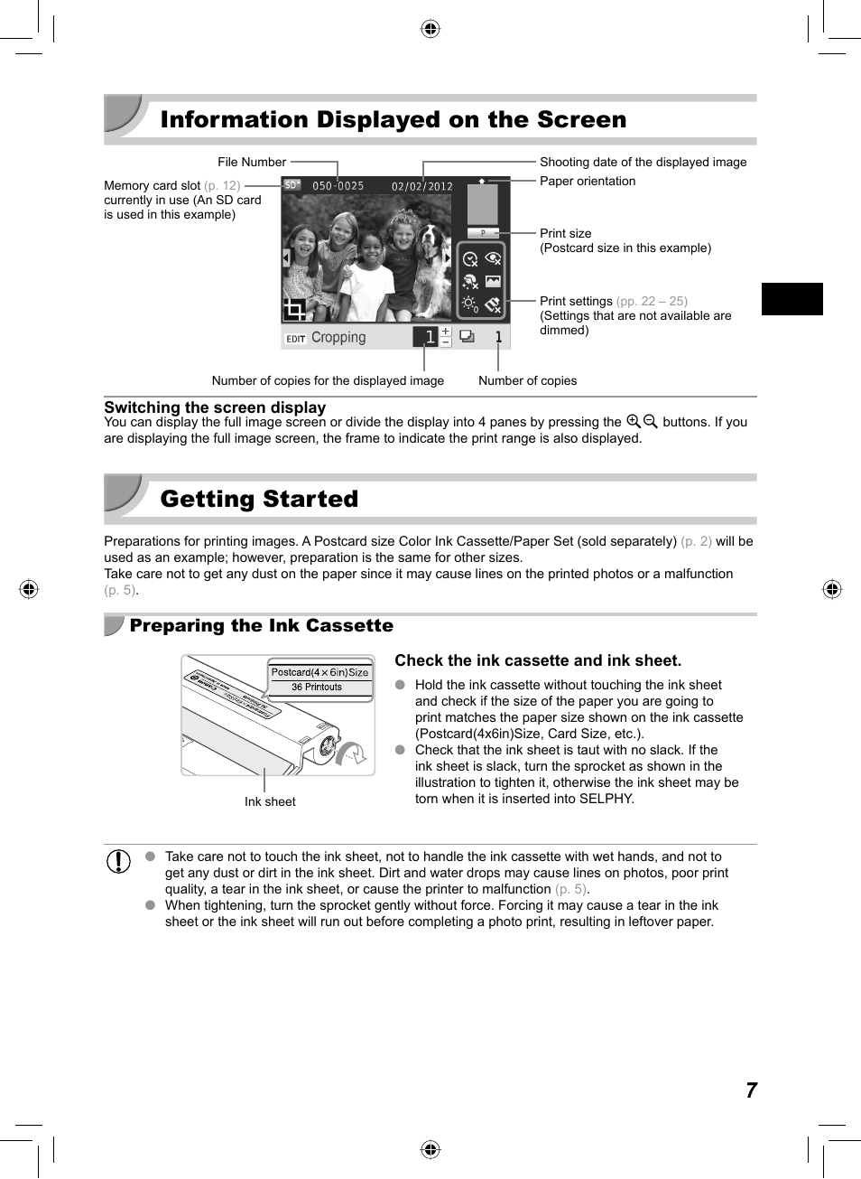 Information displayed on the screen, Getting started, Preparing the ink cassette | Canon SELPHY CP810 User Manual | Page 7 / 360