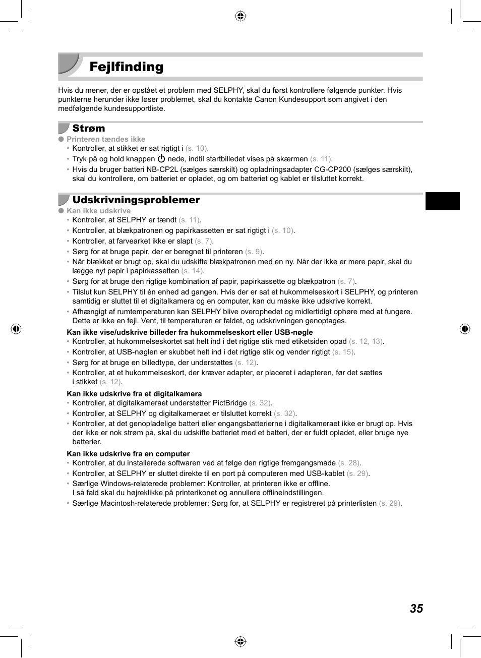 Fejlfinding, Strøm, Udskrivningsproblemer | Canon SELPHY CP810 User Manual | Page 75 / 360