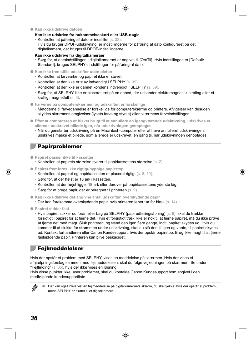 Papirproblemer, Fejlmeddelelser | Canon SELPHY CP810 User Manual | Page 76 / 360