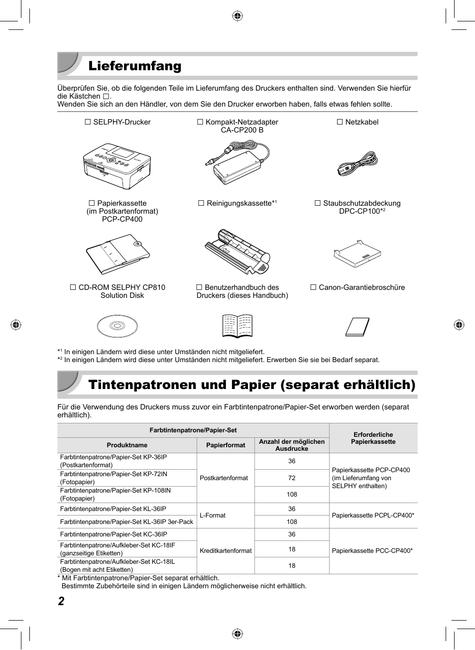 Lieferumfang, Tintenpatronen und papier (separat erhältlich) | Canon SELPHY CP810 User Manual | Page 82 / 360