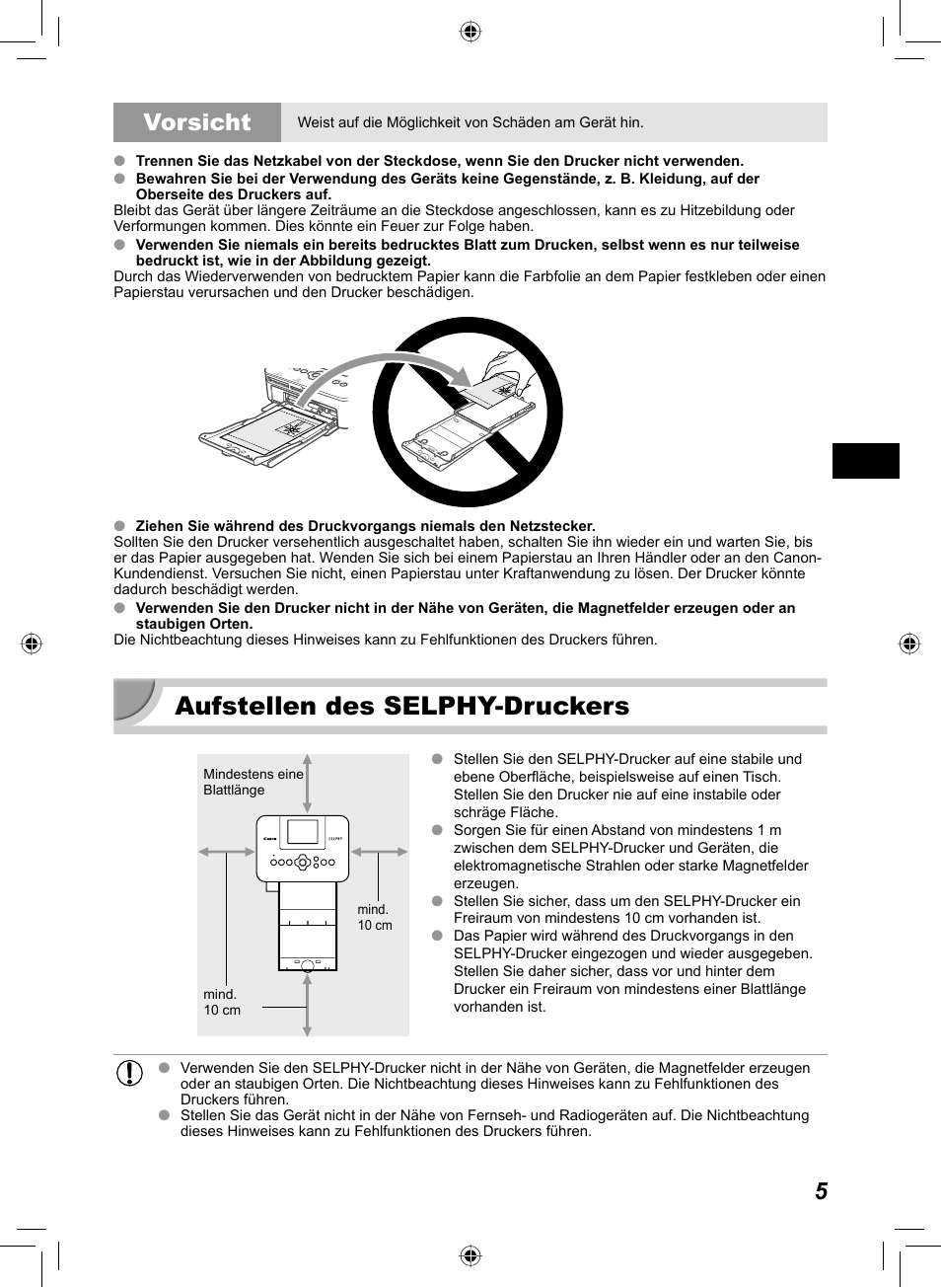 Aufstellen des selphy-druckers, 5vorsicht | Canon SELPHY CP810 User Manual | Page 85 / 360