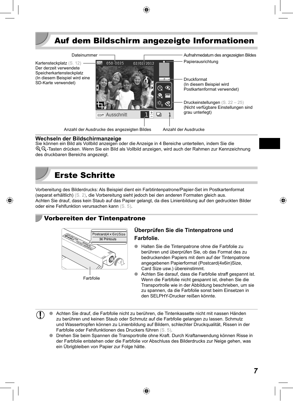 Auf dem bildschirm angezeigte informationen, Erste schritte, Vorbereiten der tintenpatrone | Canon SELPHY CP810 User Manual | Page 87 / 360