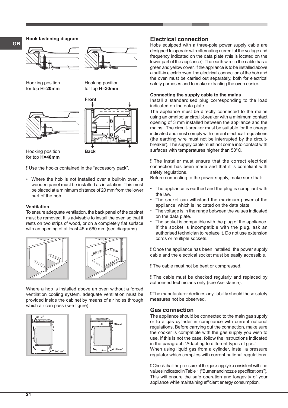 Electrical connection, Gas connection | Hotpoint Ariston PC 640 T (AN) R-HA  EU User Manual | Page 24 / 88