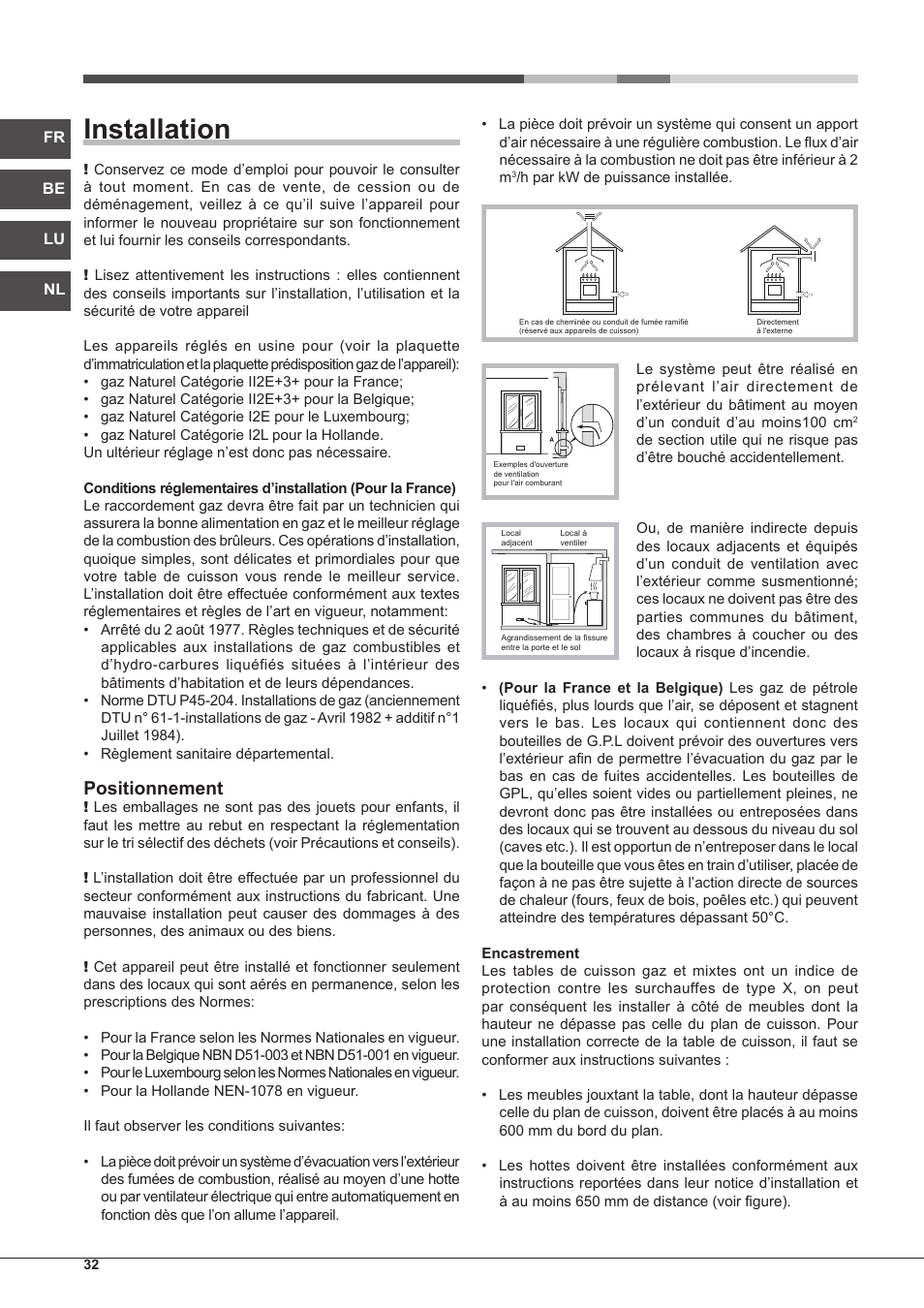 Installation, Positionnement | Hotpoint Ariston PC 640 T (AN) R-HA  EU User Manual | Page 32 / 88