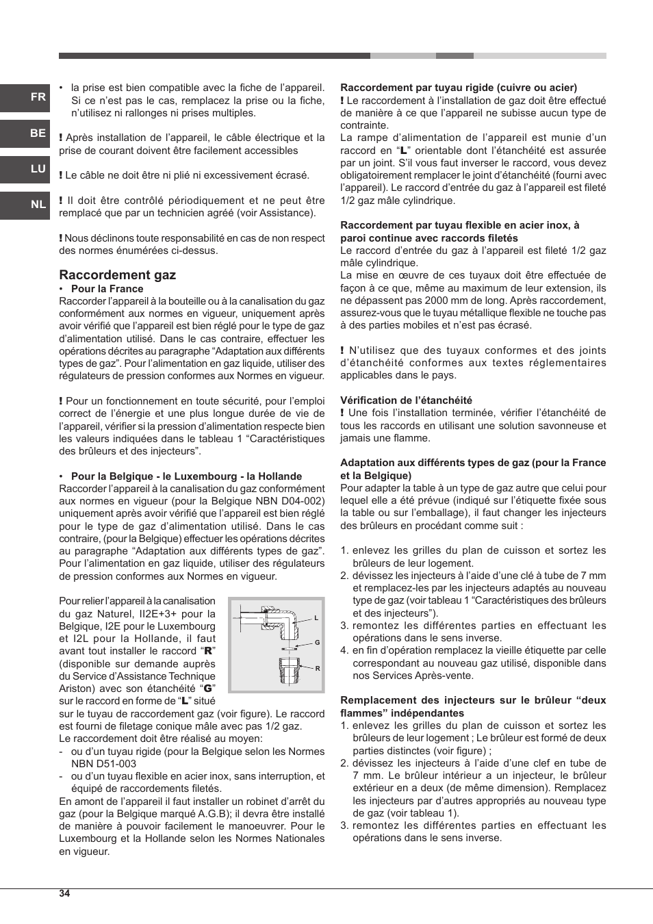 Raccordement gaz | Hotpoint Ariston PC 640 T (AN) R-HA  EU User Manual | Page 34 / 88