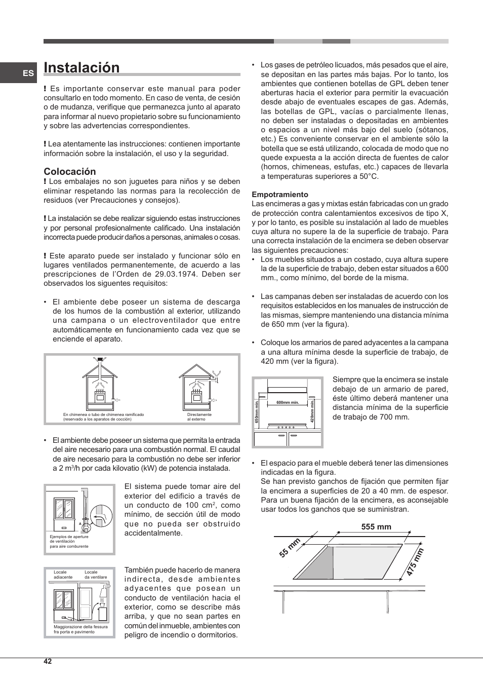 Instalación, Colocación | Hotpoint Ariston PC 640 T (AN) R-HA  EU User Manual | Page 42 / 88