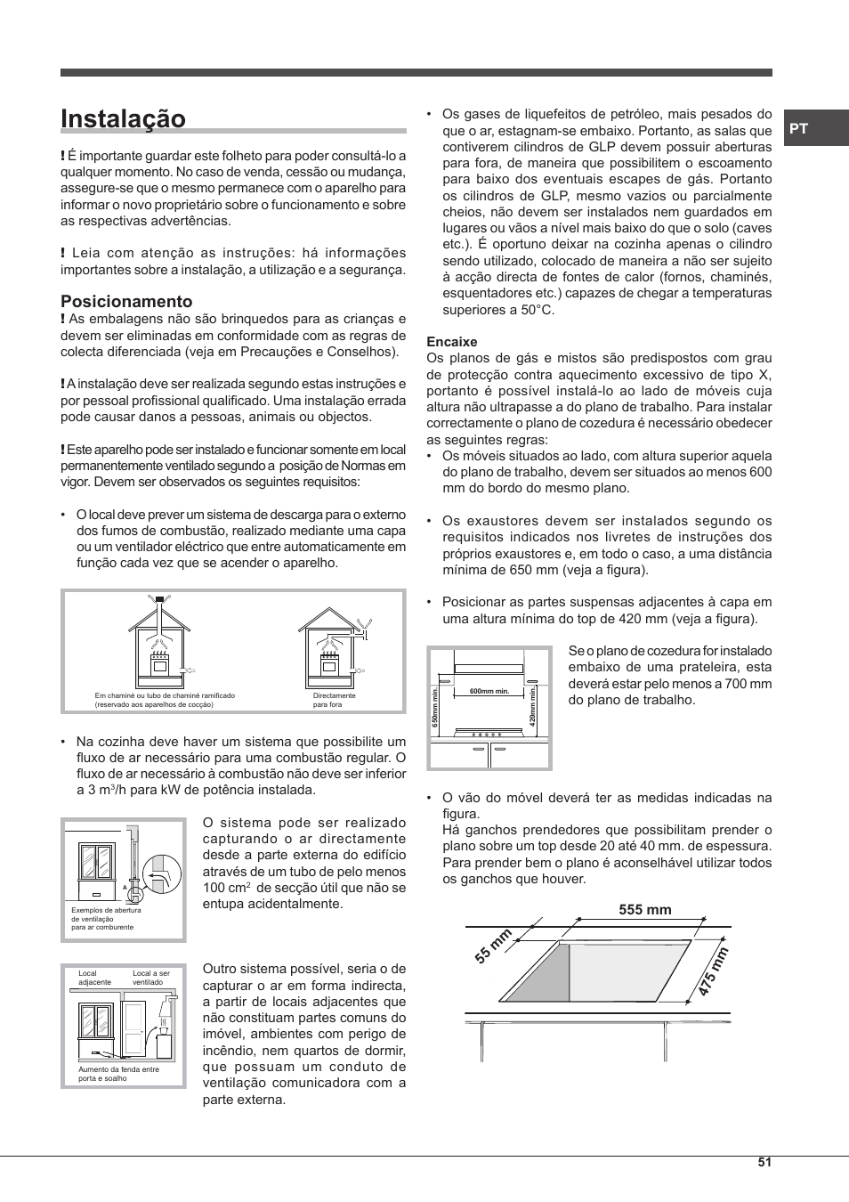 Instalação, Posicionamento | Hotpoint Ariston PC 640 T (AN) R-HA  EU User Manual | Page 51 / 88