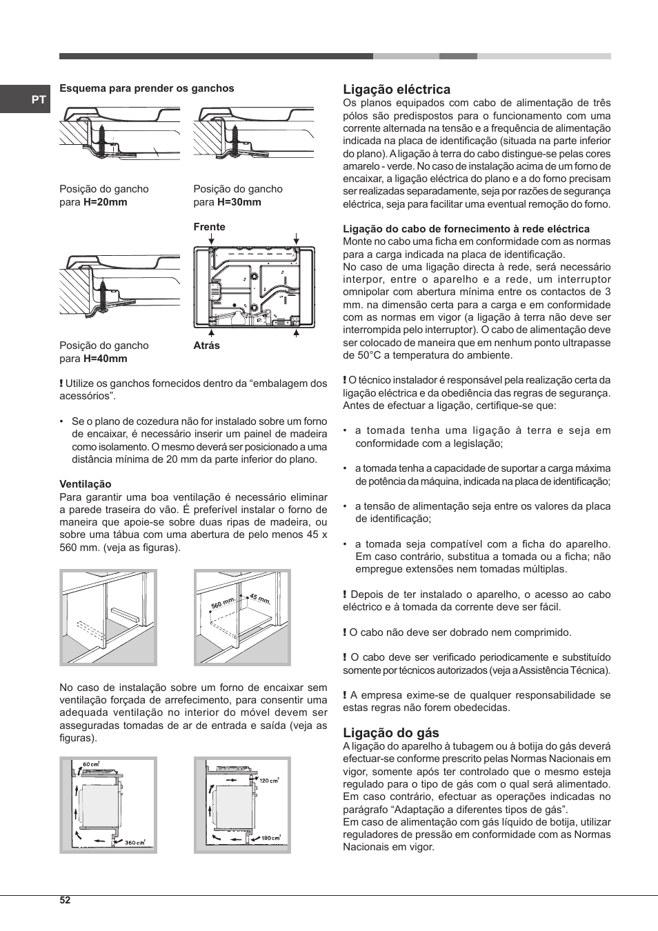 Ligação eléctrica, Ligação do gás | Hotpoint Ariston PC 640 T (AN) R-HA  EU User Manual | Page 52 / 88