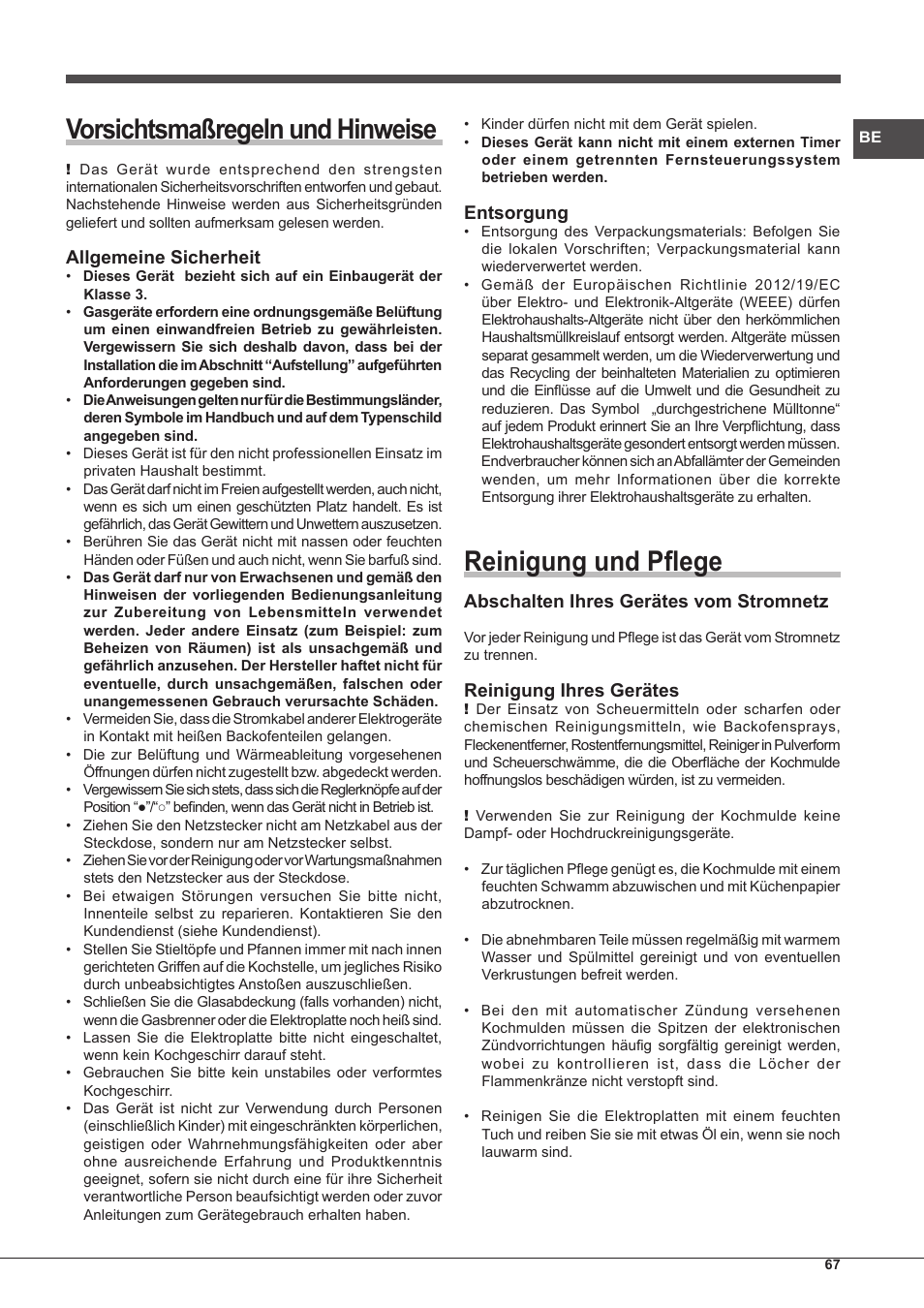 Vorsichtsmaßregeln und hinweise, Reinigung und pflege, Allgemeine sicherheit | Entsorgung, Abschalten ihres gerätes vom stromnetz, Reinigung ihres gerätes | Hotpoint Ariston PC 640 T (AN) R-HA  EU User Manual | Page 67 / 88