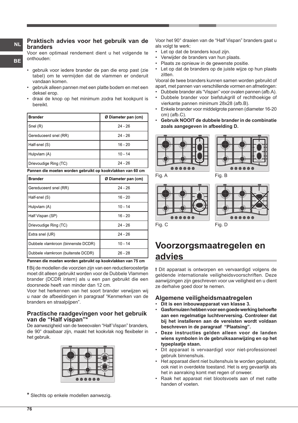 Voorzorgsmaatregelen en advies, Praktisch advies voor het gebruik van de branders, Algemene veiligheidsmaatregelen | Hotpoint Ariston PC 640 T (AN) R-HA  EU User Manual | Page 76 / 88