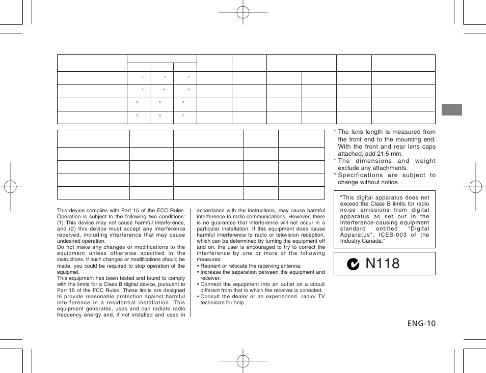 N118, Eng-10 | Canon EF 200mm f2.8L II USM User Manual | Page 11 / 12