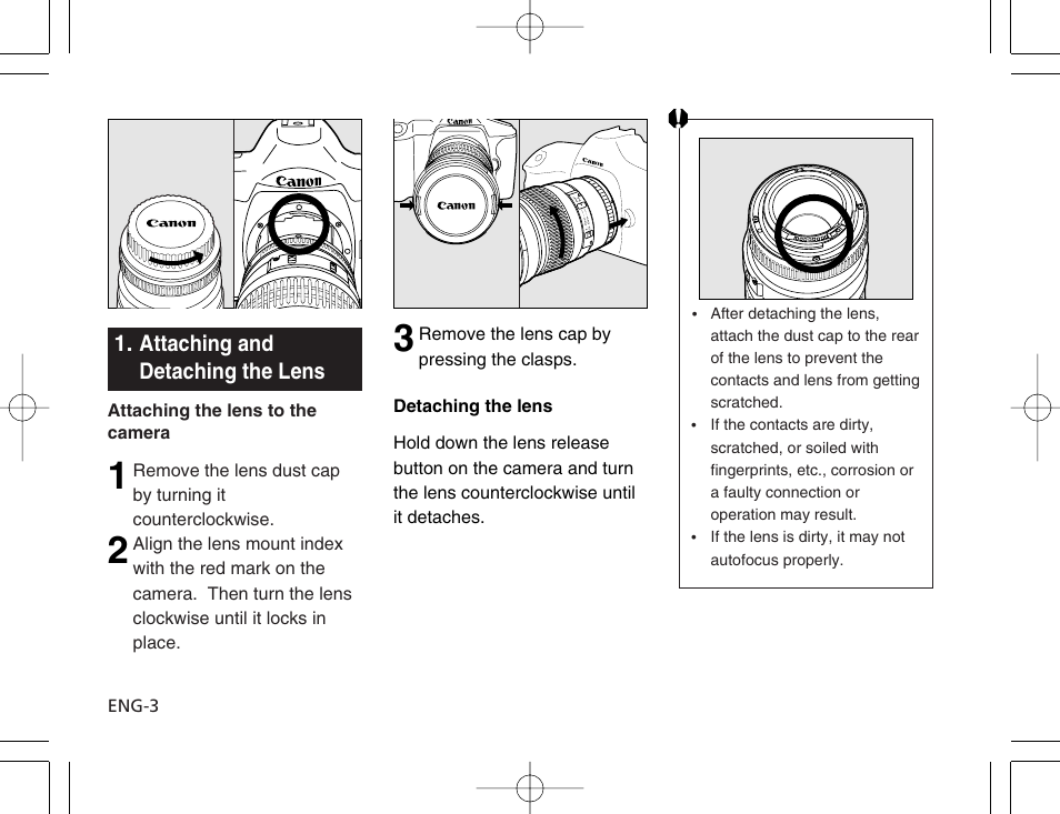 Attaching and detaching the lens | Canon EF 200mm f2.8L II USM User Manual | Page 4 / 12