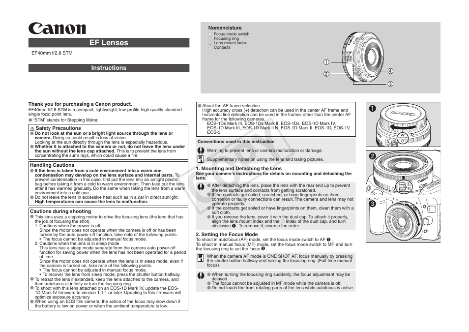Canon EF 40mm F2.8 STM User Manual | 2 pages