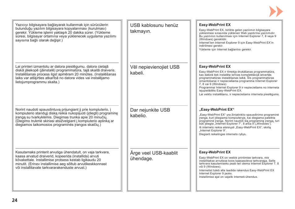 Ärge veel usb-kaablit ühendage, Dar nejunkite usb kabelio, Vēl nepievienojiet usb kabeli | Usb kablosunu henüz takmayın | Canon PIXMA PRO-1 User Manual | Page 197 / 274