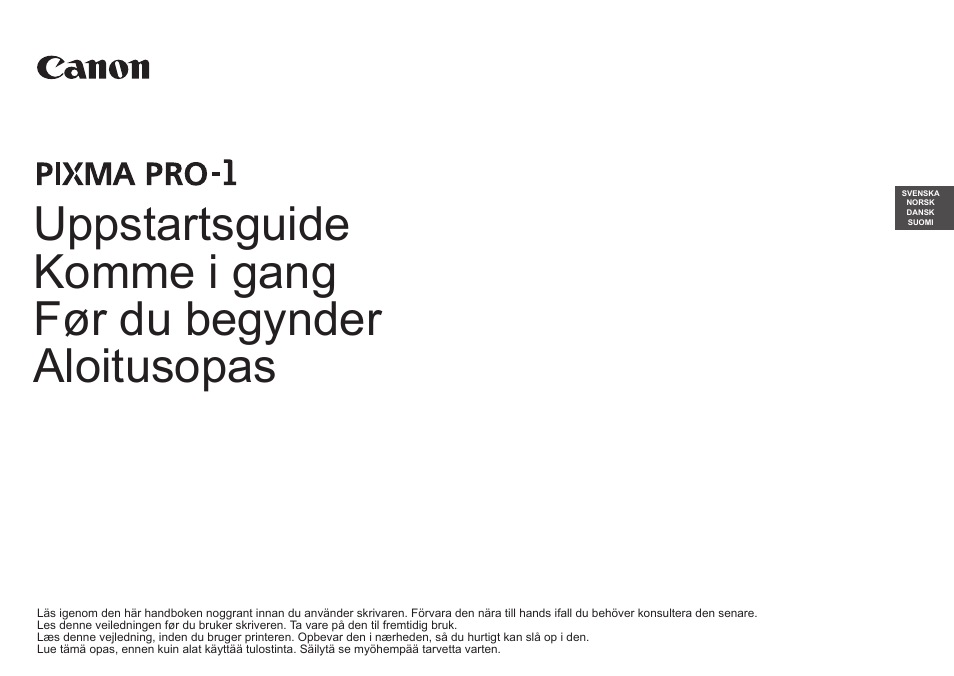 Uppstartsguide, Komme i gang, Før du begynder | Aloitusopas | Canon PIXMA PRO-1 User Manual | Page 70 / 274