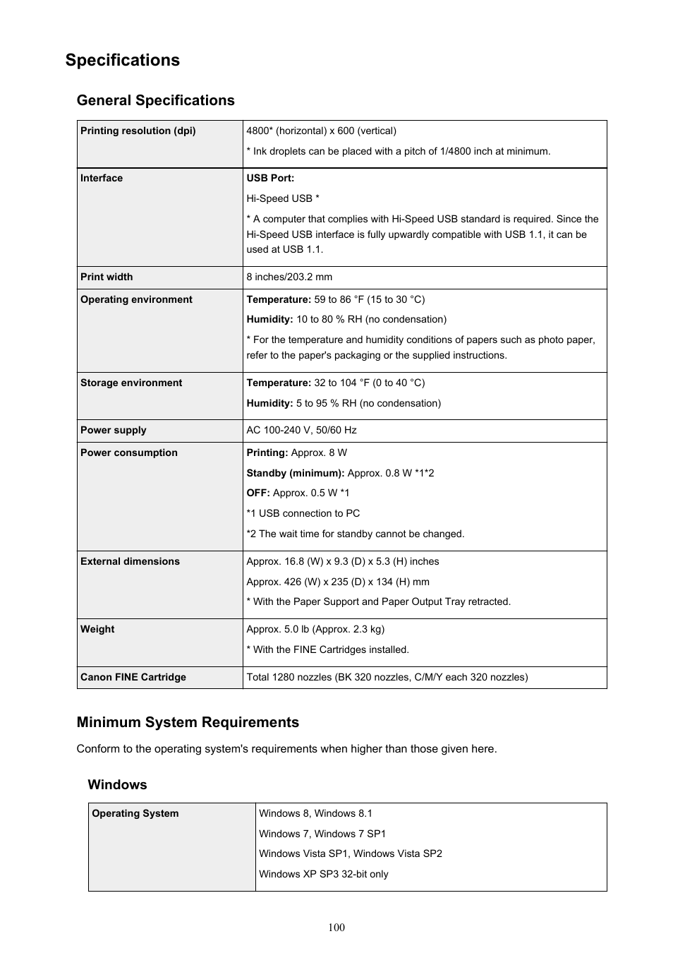 Specifications, General specifications, Minimum system requirements | Windows | Canon PIXMA iP2850 User Manual | Page 100 / 246