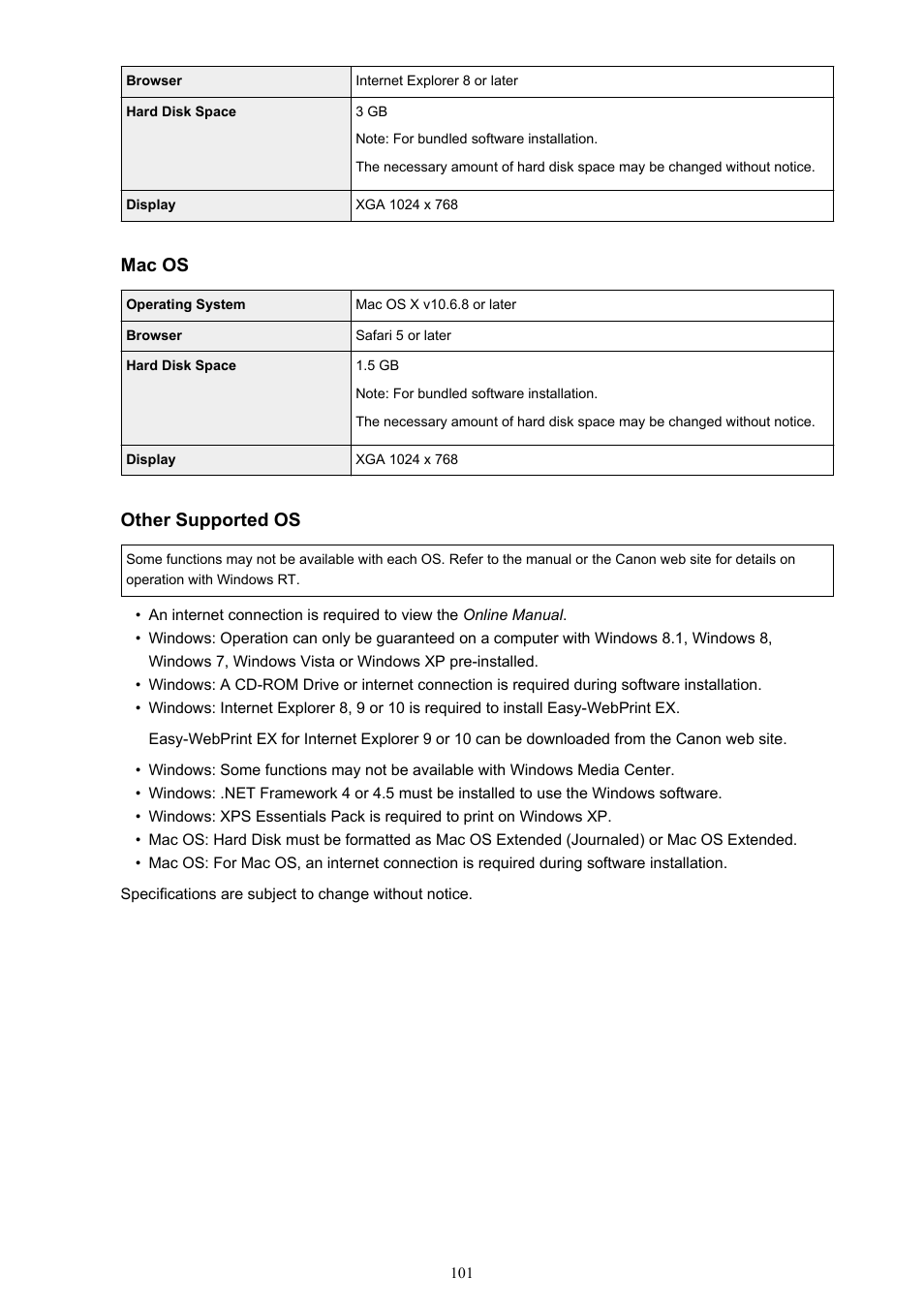 Mac os, Other supported os | Canon PIXMA iP2850 User Manual | Page 101 / 246