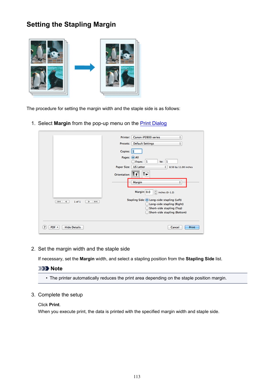 Setting the stapling margin | Canon PIXMA iP2850 User Manual | Page 113 / 246