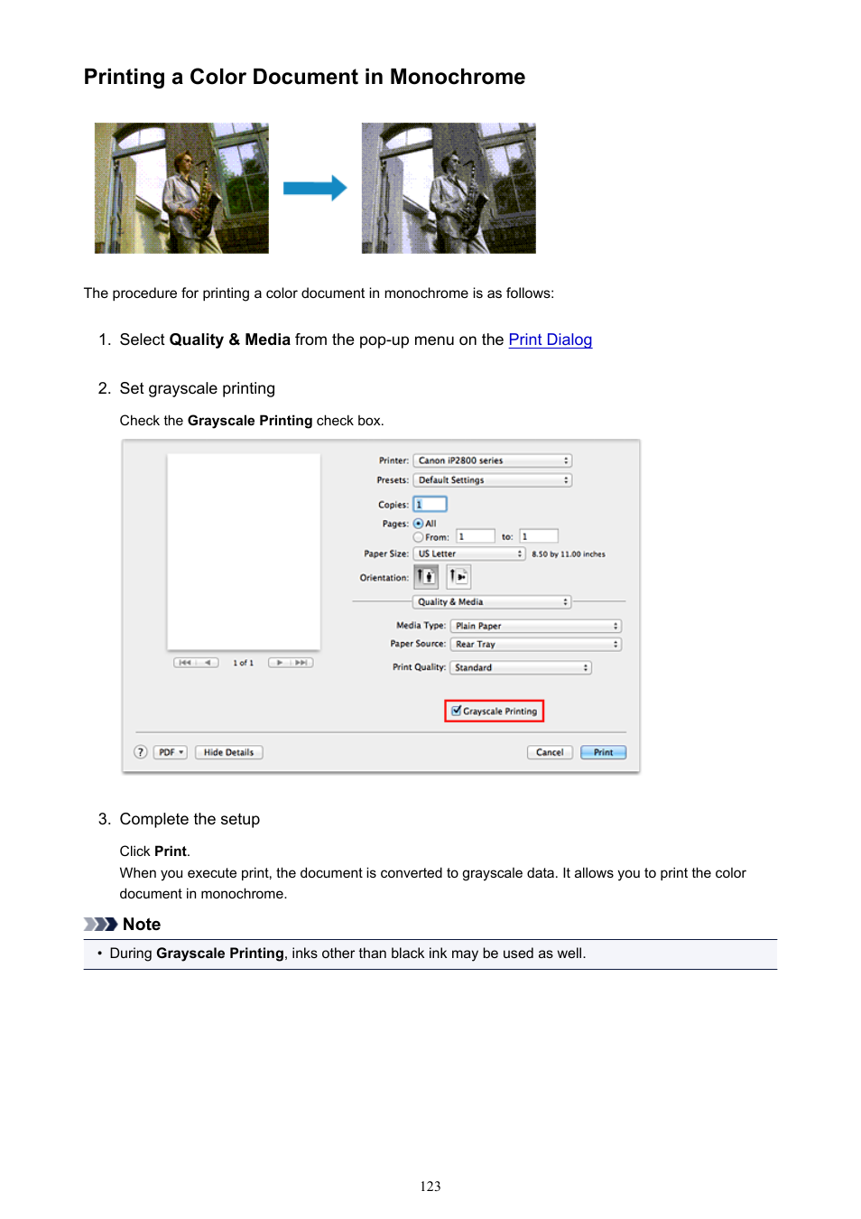 Printing a color document in monochrome | Canon PIXMA iP2850 User Manual | Page 123 / 246