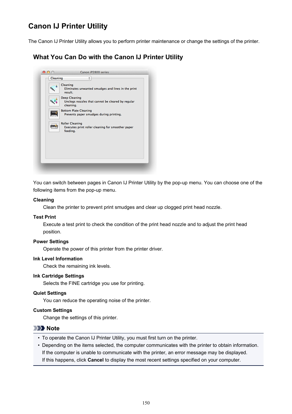 Canon ij printer utility, From the pop-up menu on the | Canon PIXMA iP2850 User Manual | Page 150 / 246