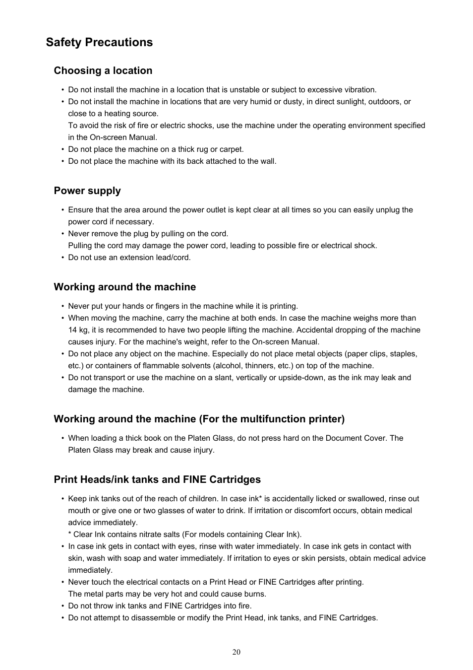 Safety precautions | Canon PIXMA iP2850 User Manual | Page 20 / 246