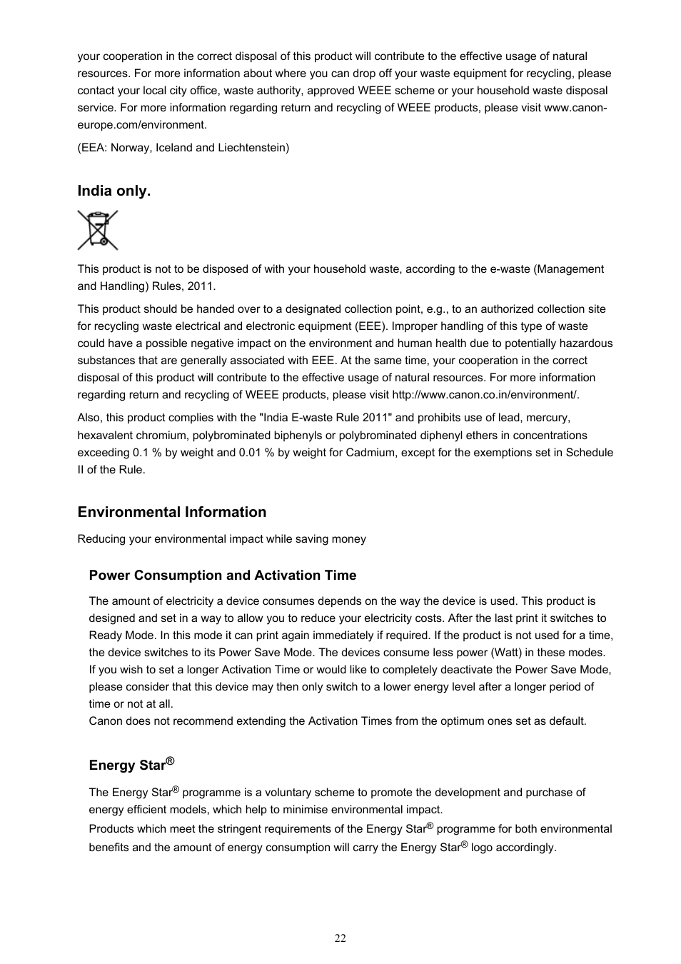 India only, Environmental information | Canon PIXMA iP2850 User Manual | Page 22 / 246