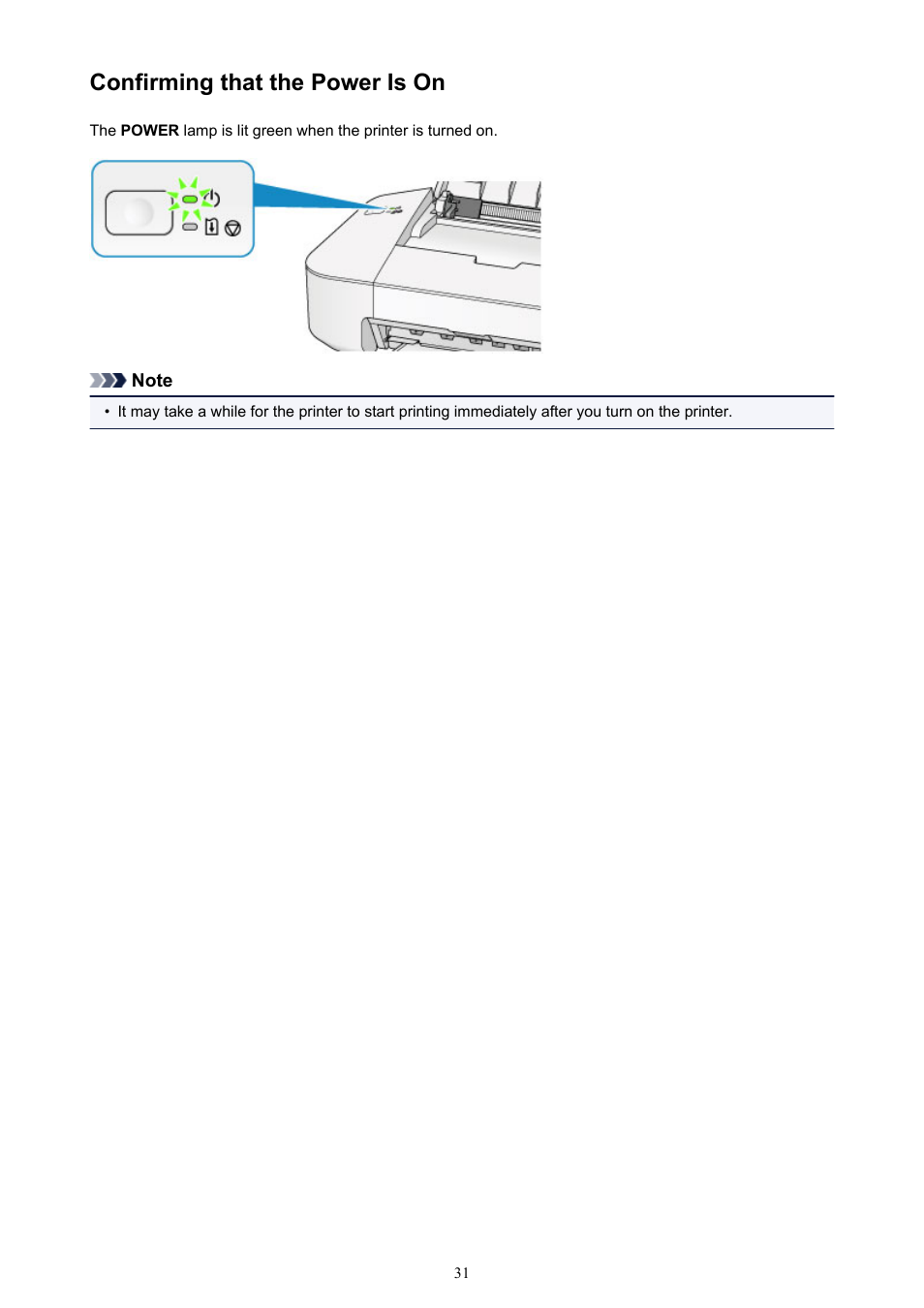 Confirming that the power is on | Canon PIXMA iP2850 User Manual | Page 31 / 246