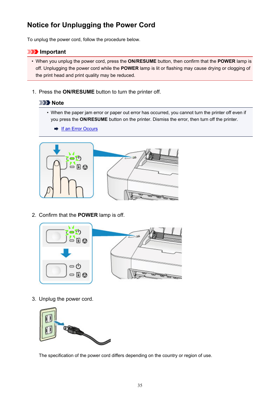 Notice for unplugging the power cord, When you, Unplug the power cord | Canon PIXMA iP2850 User Manual | Page 35 / 246