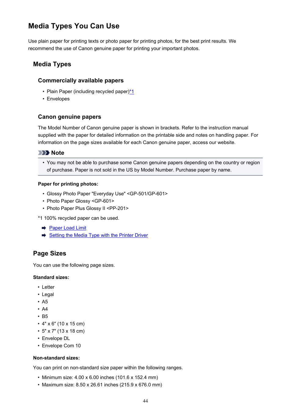Media types you can use, Genuine paper, see | Canon PIXMA iP2850 User Manual | Page 44 / 246