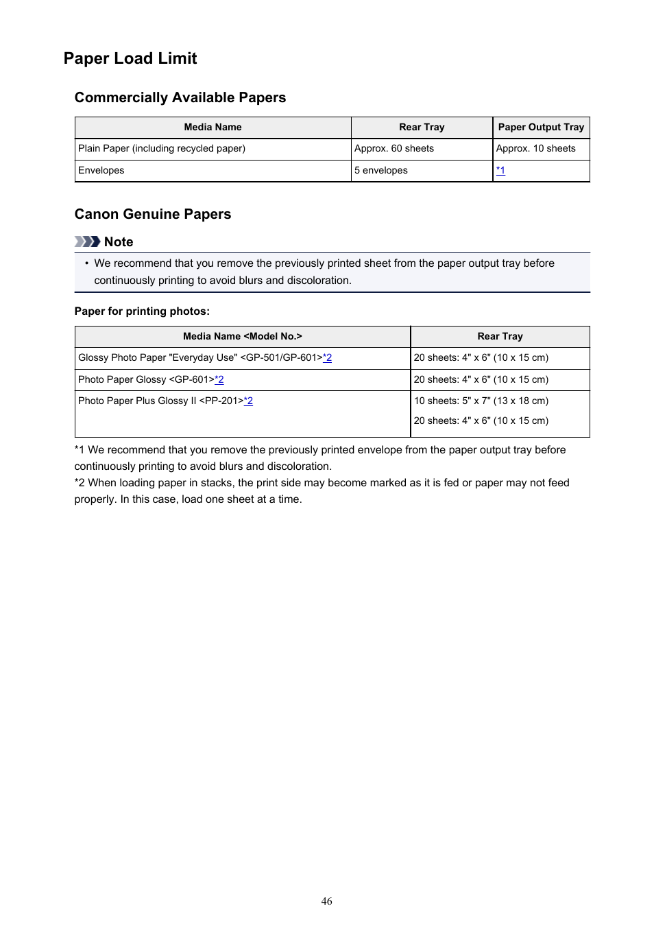 Paper load limit, Commercially available papers, Canon genuine papers | Canon PIXMA iP2850 User Manual | Page 46 / 246