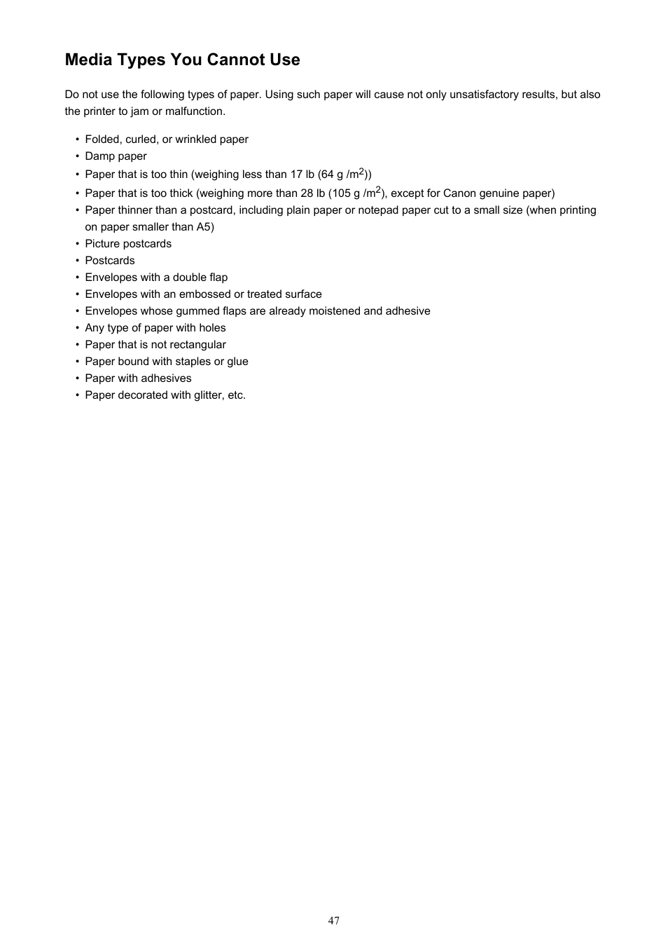 Media types you cannot use | Canon PIXMA iP2850 User Manual | Page 47 / 246