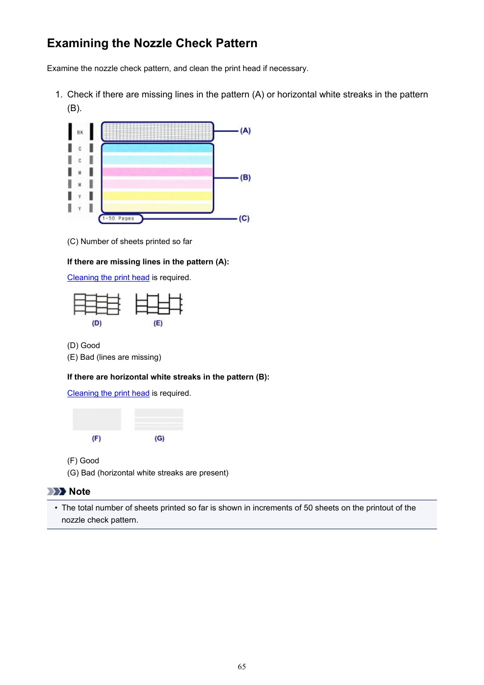 Examining the nozzle check pattern, Examine the nozzle check pattern | Canon PIXMA iP2850 User Manual | Page 65 / 246