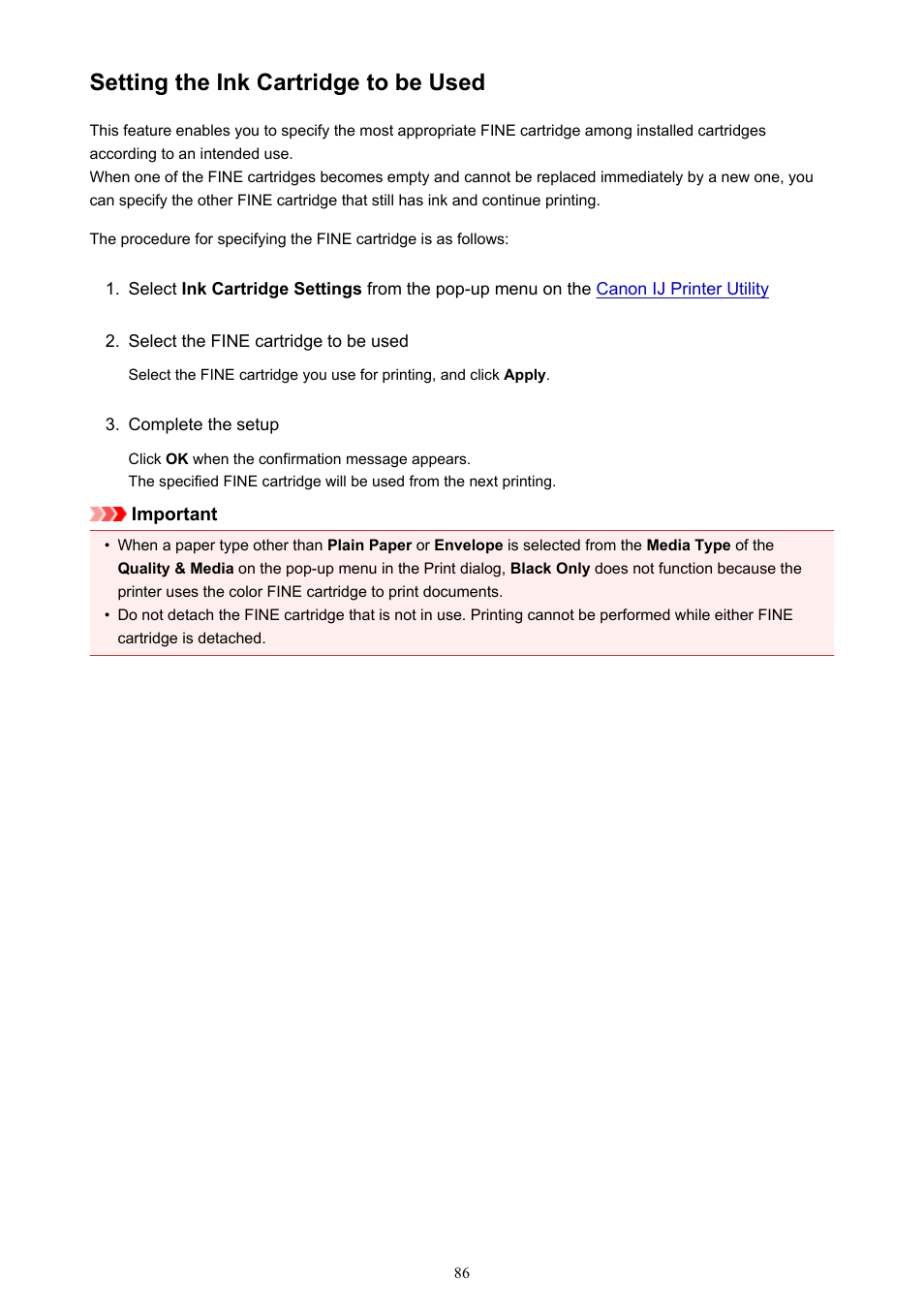 Setting the ink cartridge to be used | Canon PIXMA iP2850 User Manual | Page 86 / 246