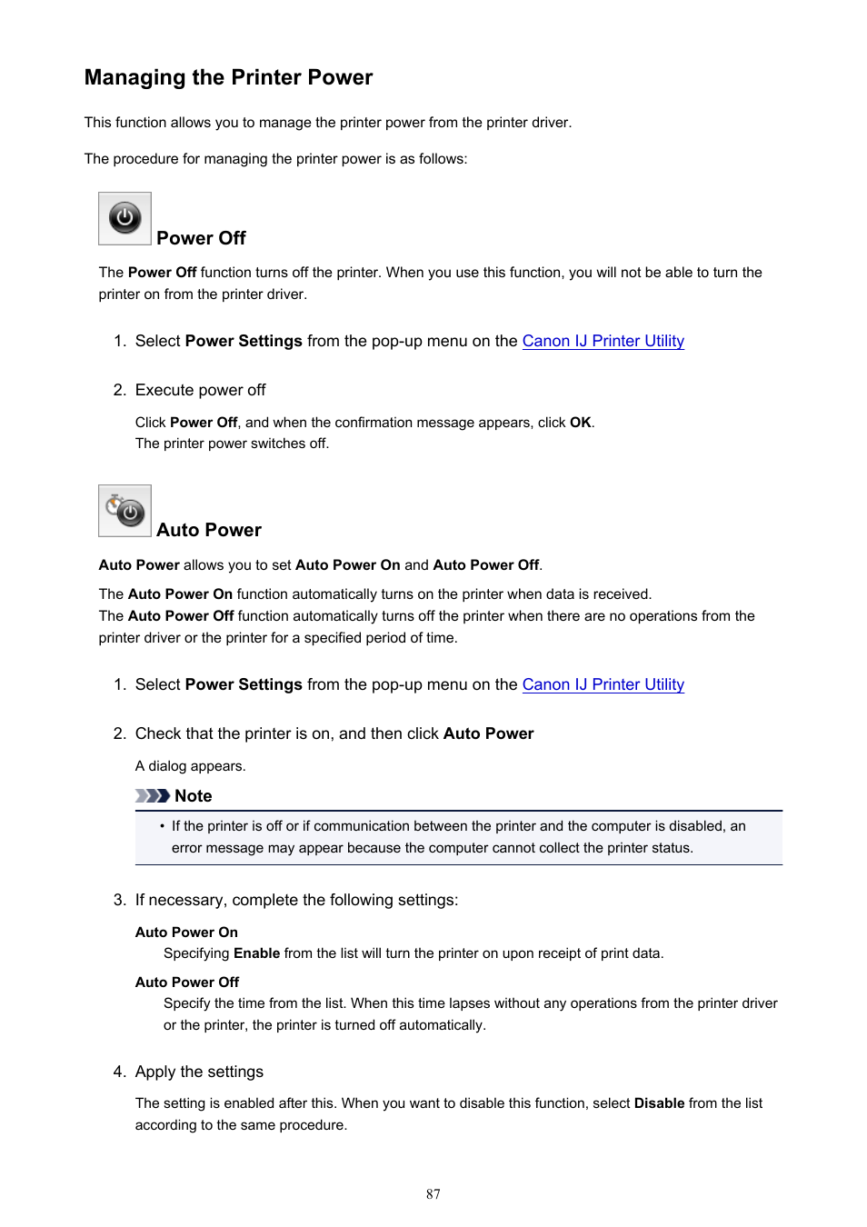Managing the printer power | Canon PIXMA iP2850 User Manual | Page 87 / 246