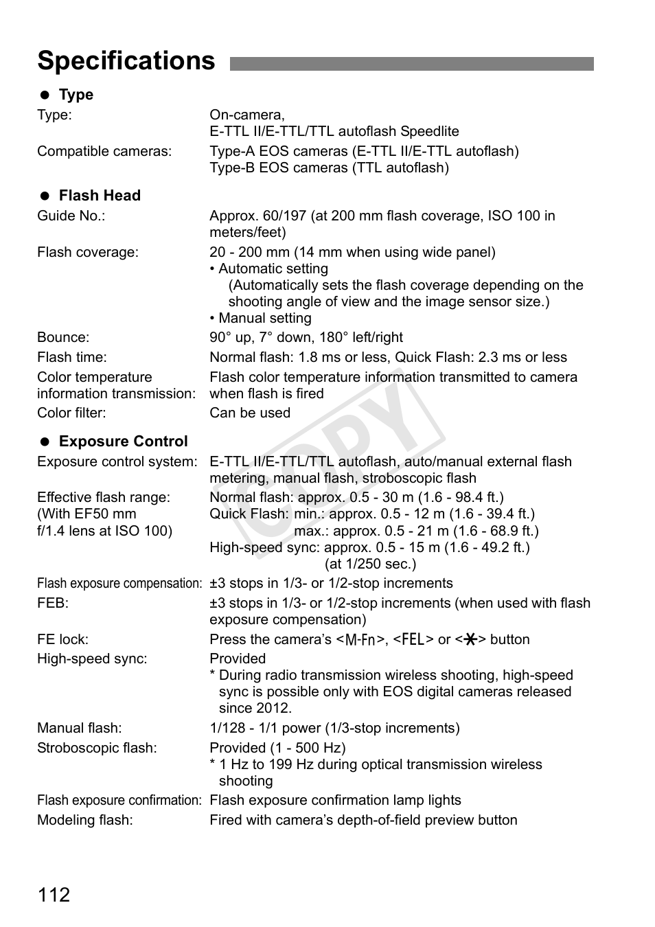 Cop y, Specifications | Canon Speedlite 600EX-RT User Manual | Page 114 / 372