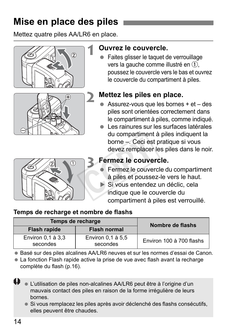 Cop y, Mise en place des piles | Canon Speedlite 600EX-RT User Manual | Page 138 / 372