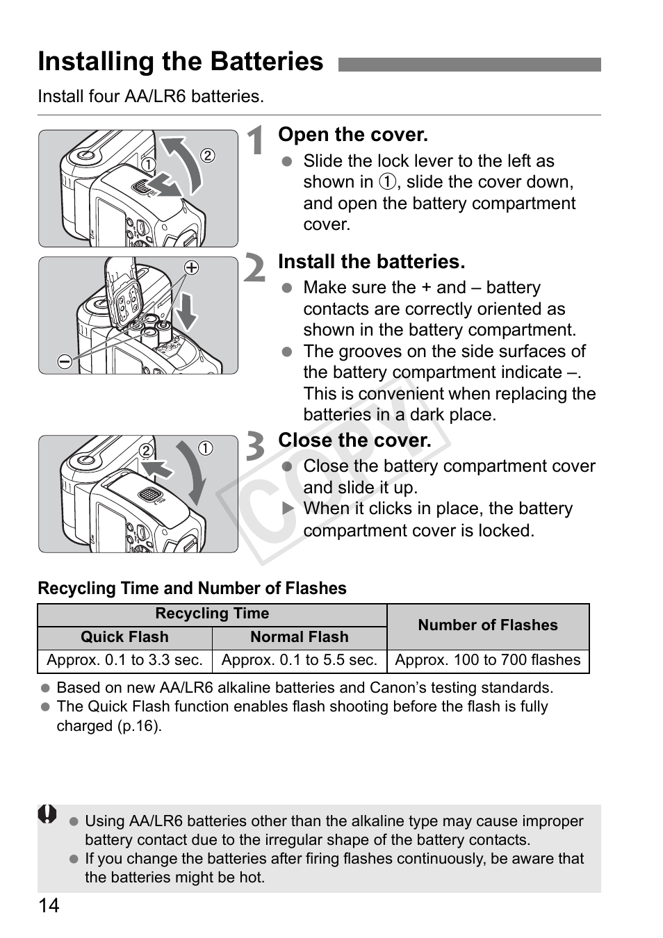Cop y, Installing the batteries | Canon Speedlite 600EX-RT User Manual | Page 16 / 372
