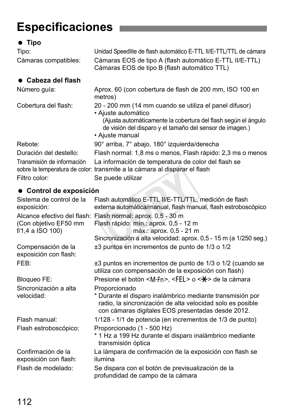Cop y, Especificaciones | Canon Speedlite 600EX-RT User Manual | Page 358 / 372